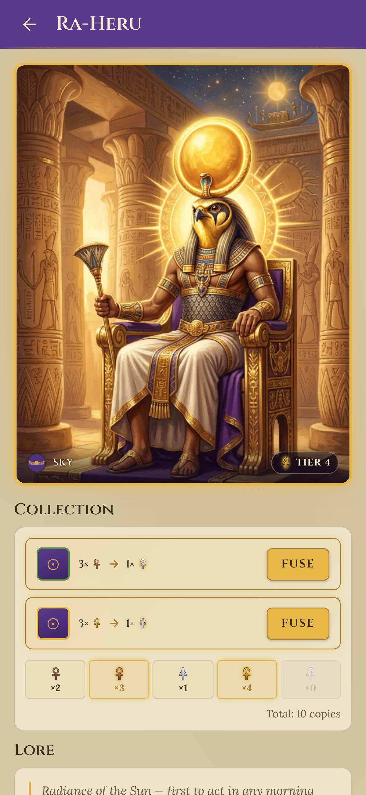 Ra-Heru card detail &mdash; fusion-first layout with Wood to Diamond lineage